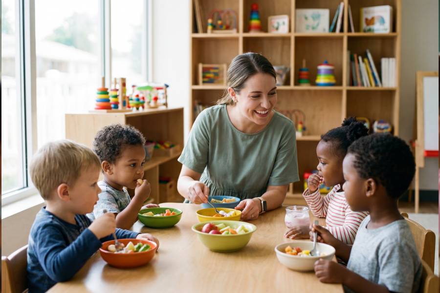 Young preschool children participating in family-style dining with healthy meals following Canada's Food Guide.