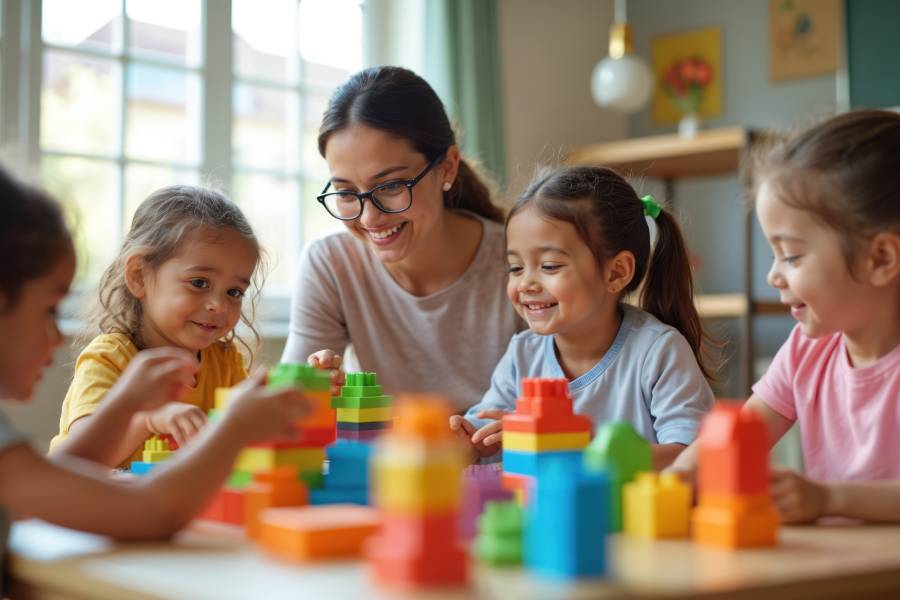 Young children developing fine motor skills with an early childhood educator at a licensed Christian daycare in Mississauga.