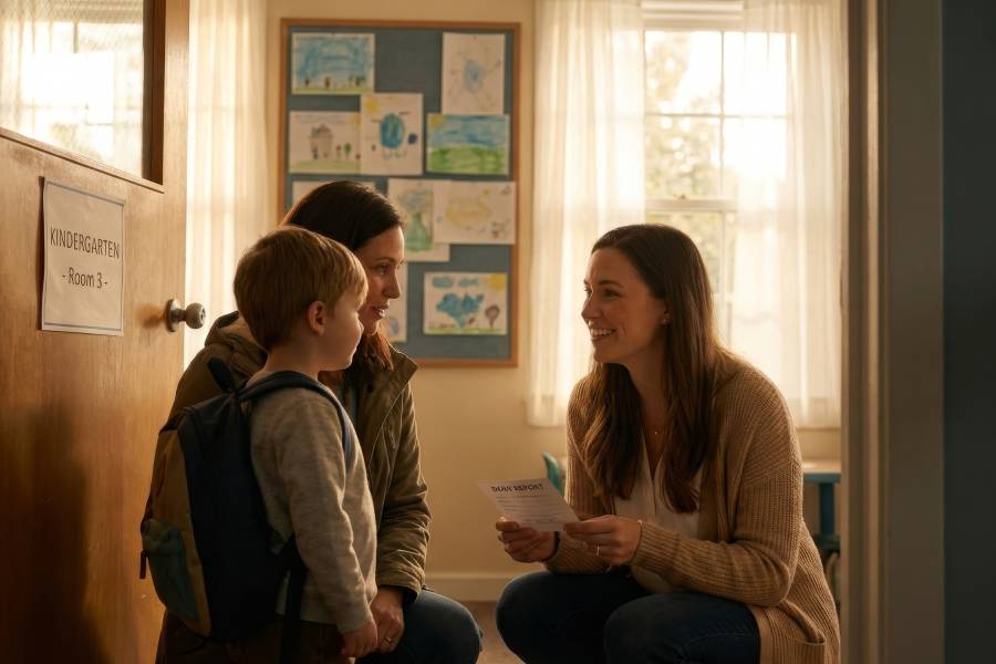 A mother and young child with a backpack speaking to a smiling educator outside a kindergarten classroom, preparing for school routines.